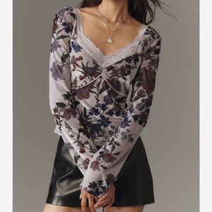 By Anthropologie Velvet Lace V-Neck Top